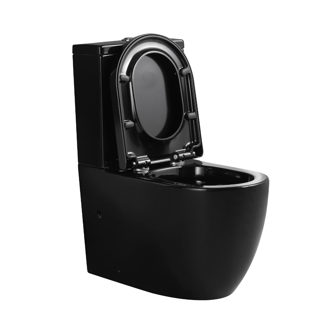 Gloss black Hurricane toilet with the seat open 