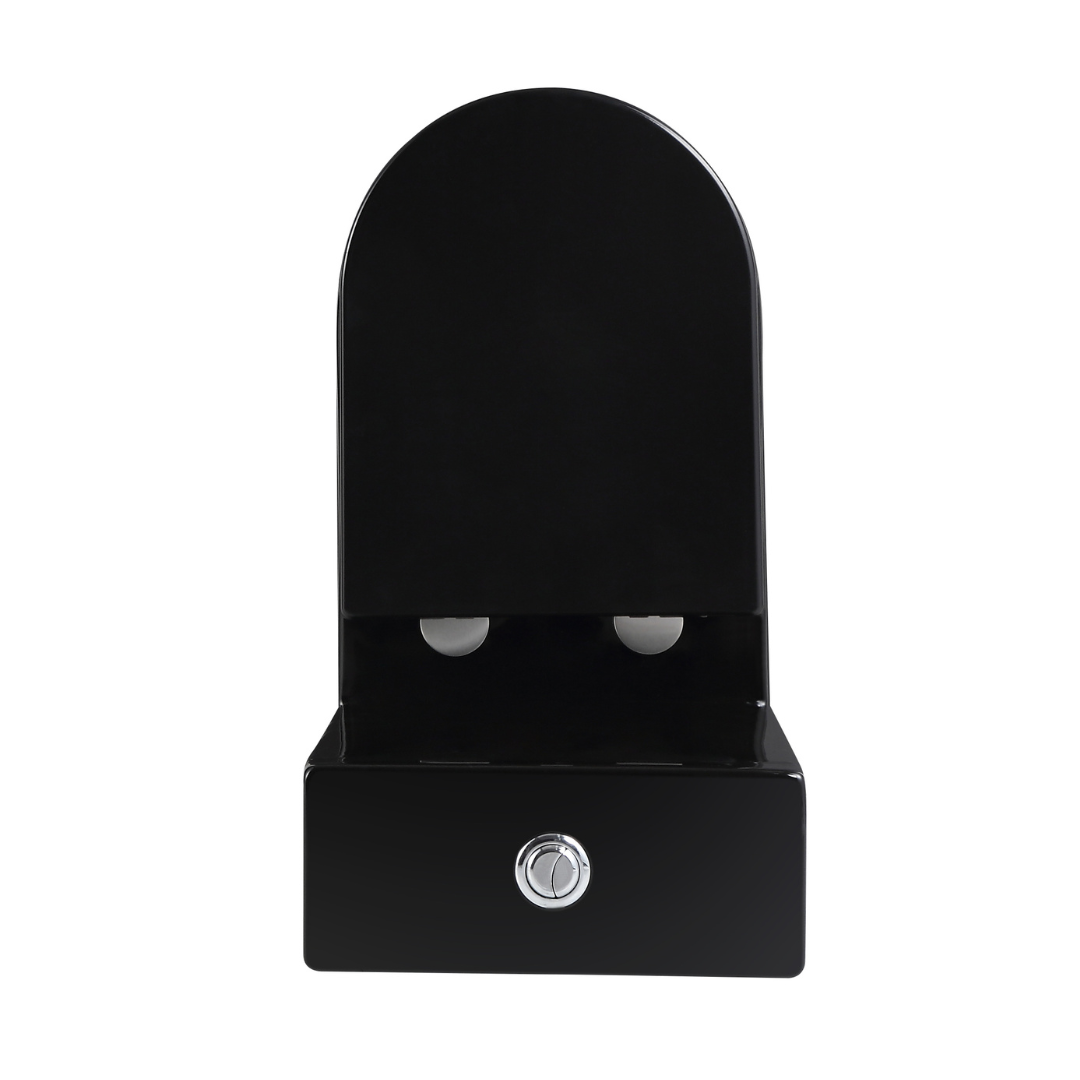 Gloss black hurricane toilet with a round button and a vortex flush