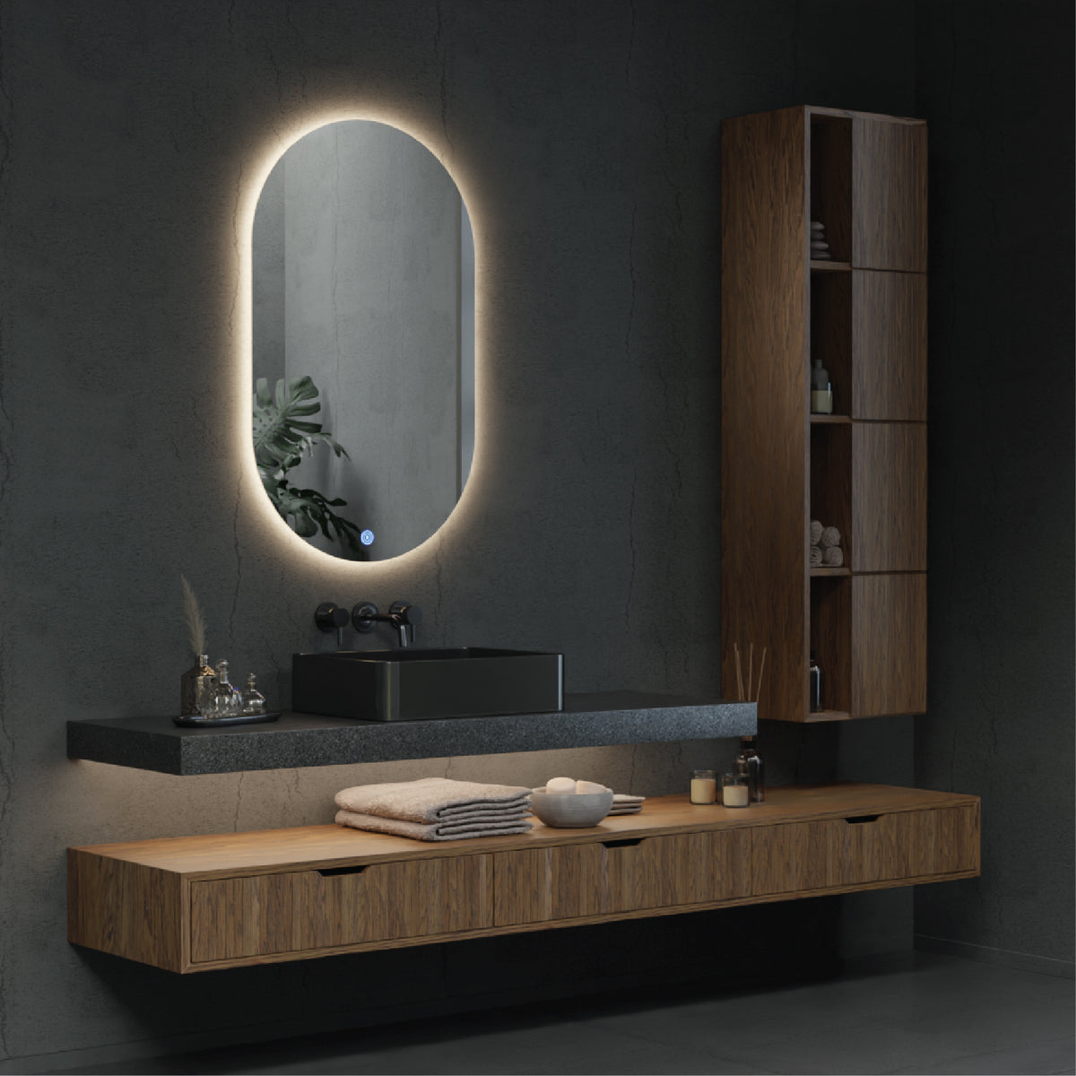 This mirror is designed for versatility, offering both plug-in and hardwire installation options with easy switch control.