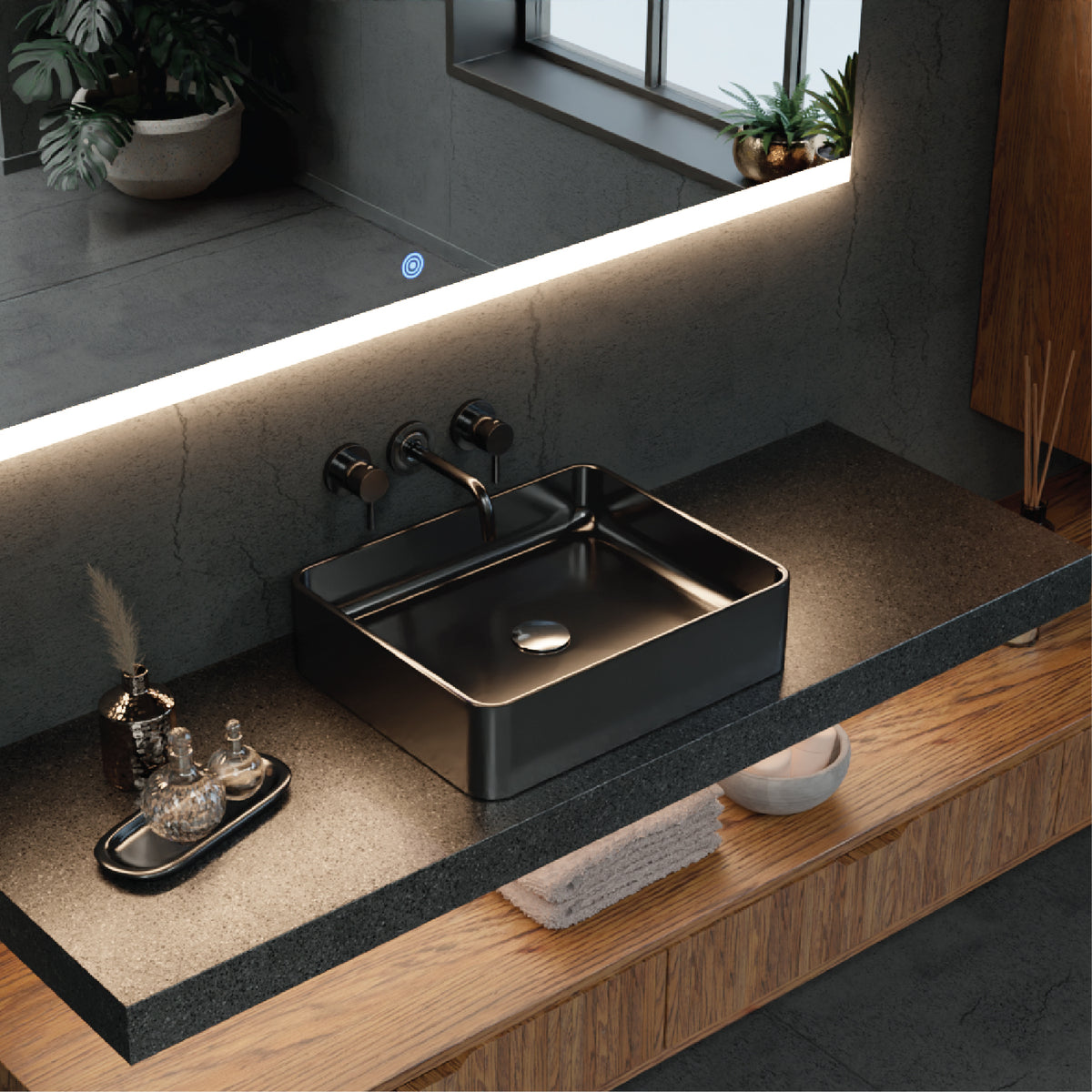 Experience the luxury of a fog-free reflection with the large rectangle Titan LED Mirror, combining cutting-edge technology with elegant design.